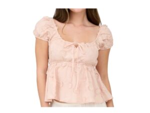 BLUPEPPER EMBROIDERED 3D FLORAL PUFF SLEEVE TOP
