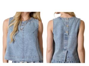 BLUPEPPER WASHED DENIM SLEEVELESS BUTTON BACK TOP