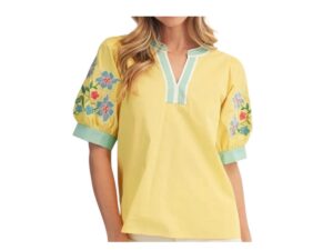 JODIFL NOTCH NECK EMBROIDERED PUFF SLEEVE TOP