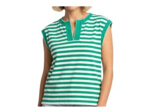 STACCATO PICOT STITCH SPLIT NECK STRIPE TOP