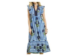 UMGEE FLORAL/STRIPE RUFFLE SLEEVE MIDI