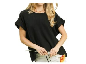 UMGEE LINEN BLEND SHORT SLEEVE TIE WAIST TOP