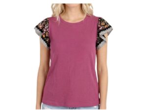 STACCATO FLORAL/STRIPE FLUTTER SLEEVE TOP