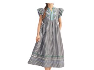 JODIFL FLUTTER SLEEVE EMBROIDERED STRIPE DRESS