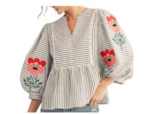 JODIFL EMBROIDERED STRIPE PEPLUM BLOUSE