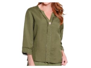 MULTIPLES 3/4 FRINGE TRIM WOVEN BLOUSE