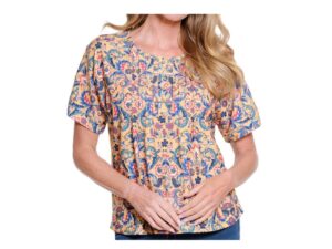 MULTIPLES SHORT SLEEVE SLUB KNIT MUSTARD PRINT TOP