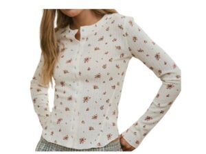 BLUPEPPER FLORAL SNAP FRONT WAFFLE KNIT TOP