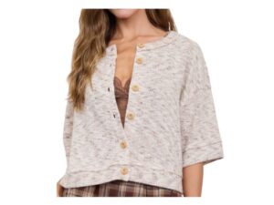 BLUPEPPER MARLED BUTTON DOWN SHORT SLEEVE RAW EDGE TOP