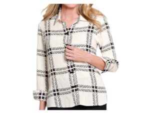 MULTIPLES MARSHMALLOW/BLACK PLAID BUTTON BLOUSE