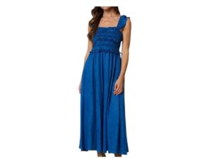 BLUPEPPER SMOCKED RUFFLE STRAP DENIM MIDI