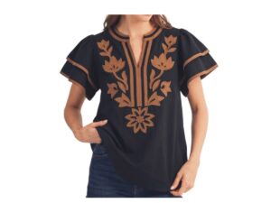 JODIFL FLUTTER SLEEVE FLORAL APPLIQUE TOP