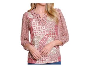 MULTIPLES 3/4 SLEEVE NOTCH NECK EMBROIDERED KNIT TOP