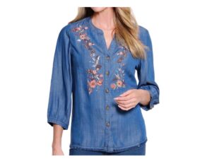 MULTIPLES 3/4 SLEEVE BUTTON FRONT WITH EMBROIDERY & FRINGE HEM