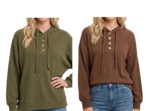 STACCATO LONG SLEEVE HALF BUTTON DRAWSTRING NECK TOP