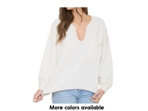 BLUPEPPER RAW EDGE SPLIT NECK RIB KNIT TOP