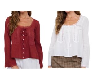 BLUPEPPER LONG SLEEVE SCOOP NECK TIE FRONT LACE TRIM TOP