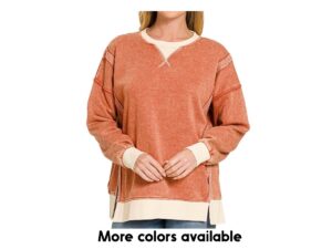 ZENANA ACID WASH CONTRAST TRIM PULLOVER