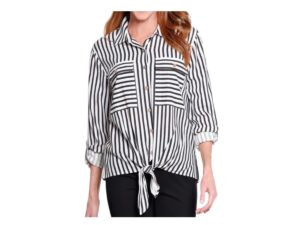 MULTIPLES TIE WAIST BUTTON FRONT STRIPED BLOUSE