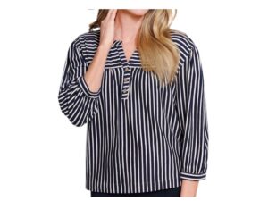 MULTIPLES 3/4 PUFF SLEEVE VERTICAL STRIPE TOP