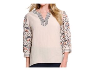 MULTIPLES 3/4 PUFF SLEEVE EMBROIDERED NOTCH NECK TOP