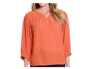 MULTIPLES 3/4 RUFFLE NECK WOVEN BLOUSE