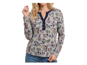 STACCATO LONG SLEEVE Y-NECK 1/2 BUTTON FLORAL TOP