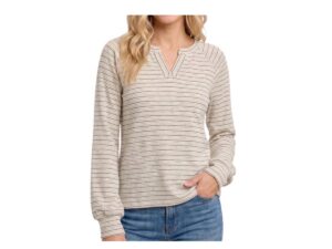 STACCATO LONG SLEEVE SPLIT NECK STRIPED MICRO PLUSH TOP