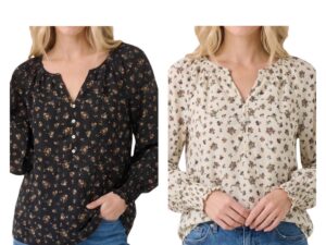 STACCATO Y-NECK SMOCKED CUFF FLORAL TOP