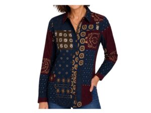 ETHYL LONG SLEEVE PATCHWORK BUTTON UP BLOUSE