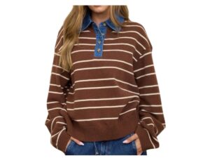 BLUPEPPER DENIM COLLAR STRIPE LONG SLEEVE SWEATER