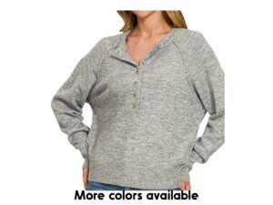 ZENANA RAGLAN SLEEVE HENLEY SWEATER