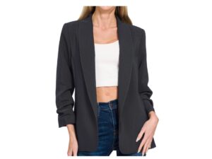 ZENANA 3/4 RUCHED SLEEVE CLASSIC BLAZER