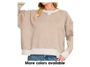 ZENANA ACID WASH CONTRAST TRIM SWEATSHIRT
