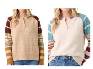 STACCATO RAGLAN STRIPE SLEEVE HENLEY SWEATER