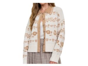 BLUPEPPER FLORAL JACQUARD CONTRAST COLLAR CARDI