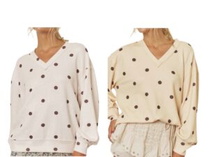 BLUPEPPER LONG SLEEVE V-NECK POLKA DOT TEXTURED KNIT TOP