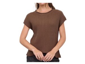 BLUPEPPER ROLLED TRIM RIBBED SHORT SLEEVE PULLOVER