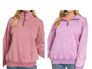 ZENANA ACID WASH FLEECE HALF ZIP