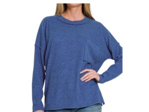 ZENANA RIBBED BRUSHED HACCI POCKET SWEATER