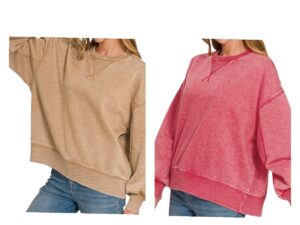 ZENANA ACID WASH FLEECE OVERSIZED PULLOVER