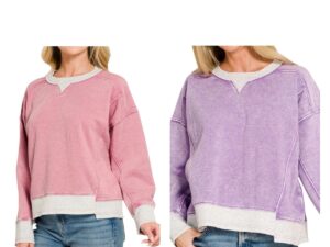 ZENANA ACID WASH CONTRAST TRIM SWEATSHIRT