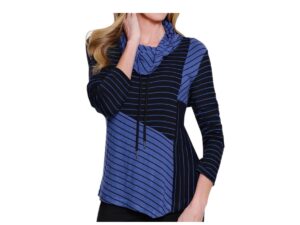 MULTIPLES INDIGO PANEL STRIPE COWL NECK TOP